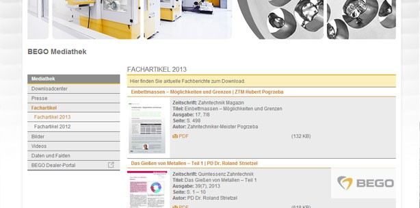 BEGO Website wurde um Fachartikel-Portal erweitert