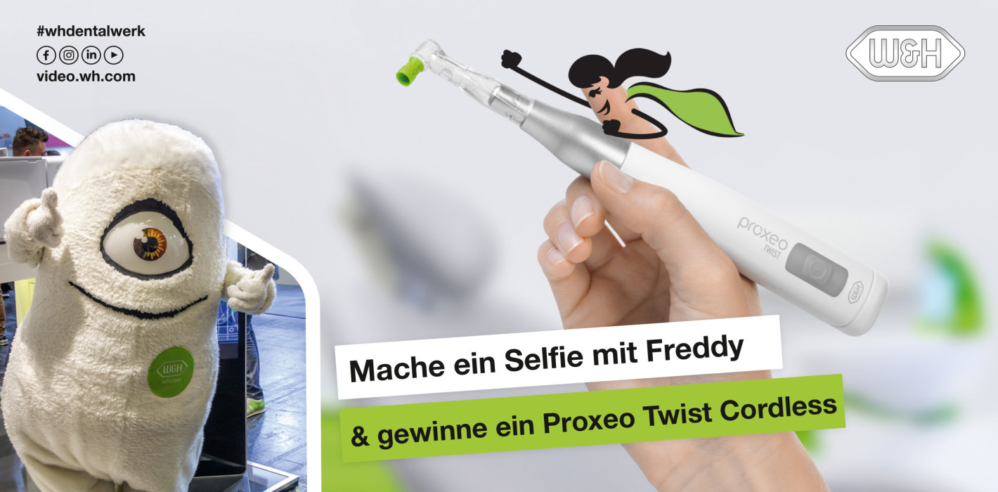Selfie-Time am Messestand von W&H – Freddy & tolle Preise warten